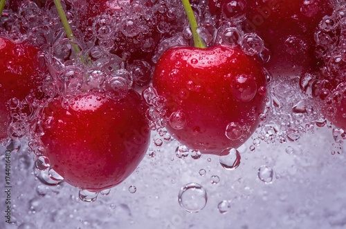 Close-Up of Bubbly Water with Juicy Red Cherries