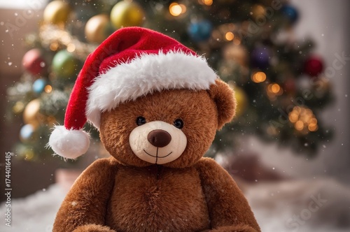 Wallpaper Mural Christmas teddy bear with hat and colorful ornaments on decorated tree with blurred lights Torontodigital.ca