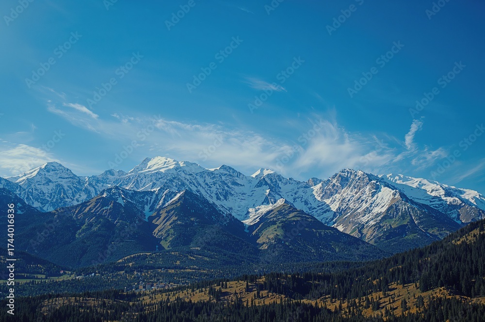 Obraz premium Snow-covered peaks under a clear blue sky, perfect for adventure and nature lovers