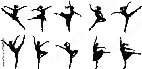 Black silhouette female ballet dancers performing elegant and graceful dance poses vector illustration for artistic choreography and dance design