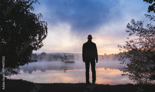 Man standing on pond shore at morning in blue hour. Calm Czech landscape background