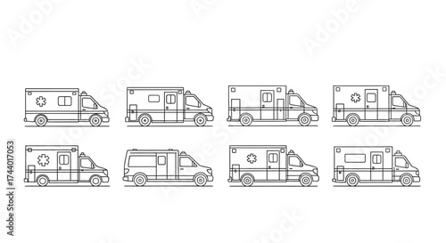 Collection of ambulance van line art icons set side view medical emergency transportation vehicles vector