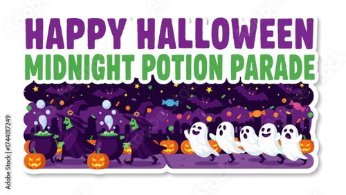 Midnight Potion Parade: A vibrant Halloween parade featuring cheerful ghosts and witches stirring cauldrons, inviting viewers to a night of spooky fun.