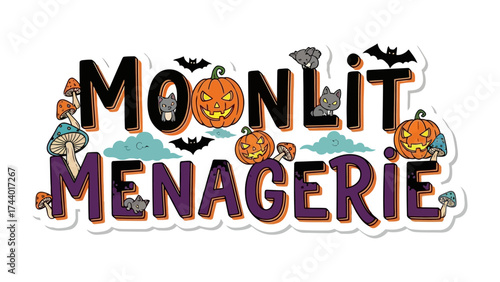 Moonlit Menagerie: Spooky Halloween fun, a fantasy filled with smiling pumpkin and playful night creatures.