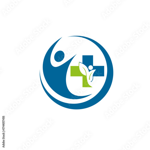 Healthcare and wellness logo featuring a person and a cross