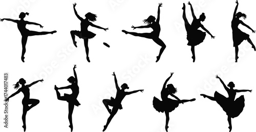 Black silhouette female ballet dancers vector illustration performing graceful dance poses, modern ballet movement, artistic choreography, elegant ballerina stage performance