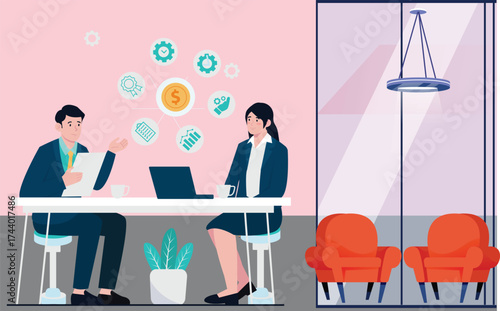 Business Meeting and Financial Planning Concept — Team Discussion in Modern Office with Laptop and Strategy Icons