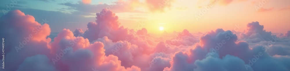 Fototapeta premium Soft pastel cloudscape, radiant sun peeking through, calm, digital art, fluffy