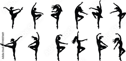 Black silhouette female dancers performing elegant ballet and modern dance poses, graceful woman movement vector illustration for artistic choreography design
