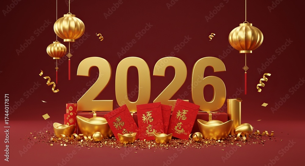 Naklejka premium Chinese new year 2026 celebration with gold decorations and red envelopes