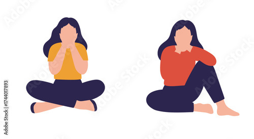 Two women practicing meditation with hands covering their faces peacefully