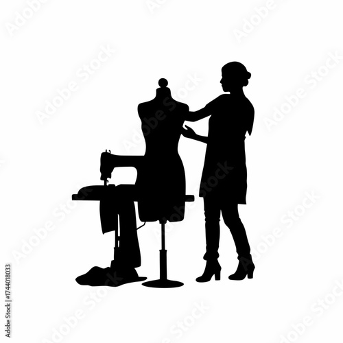 Silhouette of a costume designer sewing an outfit for stage performance isolated on white background