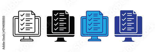 Set of four computer monitor icons with checklist on screen, isolated on transparent background