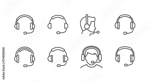 Diverse set of hand-drawn headset icons representing communication and support services vector