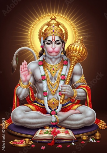 Hindu deity Lord Hanuman seated in meditation with mace and divine aura.