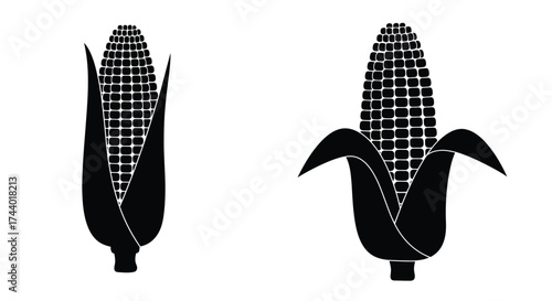 Simple black and white illustration of two ears of corn depicted