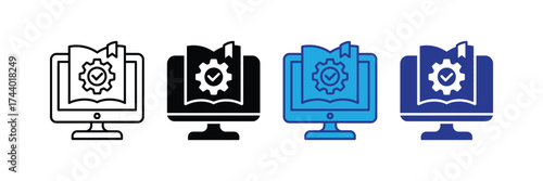 Computer monitor displaying an open book with a gear and checkmark icon, representing digital learning, technical documentation, or online education, isolated on transparent background