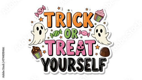 Spooky Halloween: Trick or Treat Yourself : A spooky illustration with candy, ghost and cupcake elements for Halloween festival