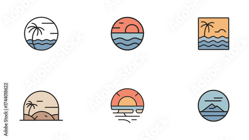 Modern oasis logo collection vector, minimalist tropical branding icons for hotels, spas, and resort, elegant vacation and luxury retreat identity design on white background