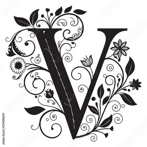 Elegant floral letter v design, featuring delicate flowers, leaves, and swirling patterns isolated on white background