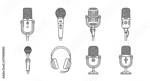 Collection of vintage and modern microphones and headphones for podcasting and broadcasting vector