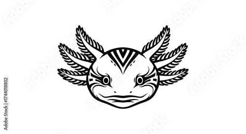 Black and white axolotl head illustration with tribal markings