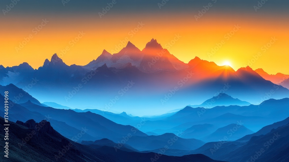 Naklejka premium Majestic Mountain Silhouette: A breathtaking landscape showcases towering mountain peaks dramatically silhouetted against a vibrant sunrise, creating a mesmerizing spectacle.