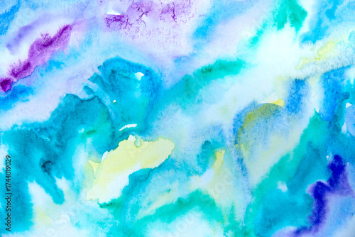 Real Hand Drawn Watercolor Blue and Green Wet Spots Background