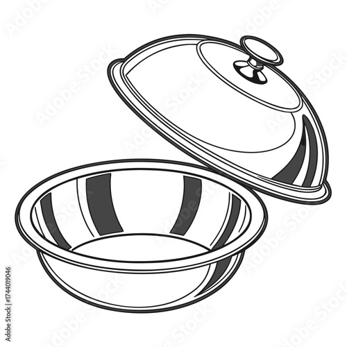 A simple line art illustration of an open silver serving dish with a lid slightly ajar revealing the empty interior