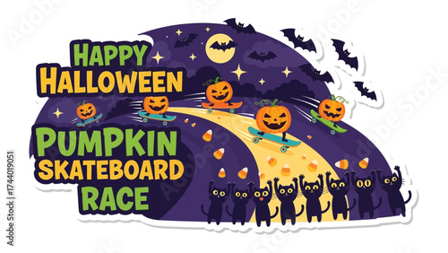Halloween Pumpkin Skateboard Race: Whimsical illustration depicting pumpkins skateboarding in a festive race against the backdrop of a Halloween night with adorable black cat cheering them.