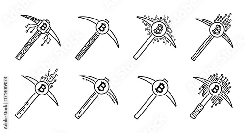 Set of eight bitcoin mining pickaxe icons demonstrating progression from clean to broken state vector