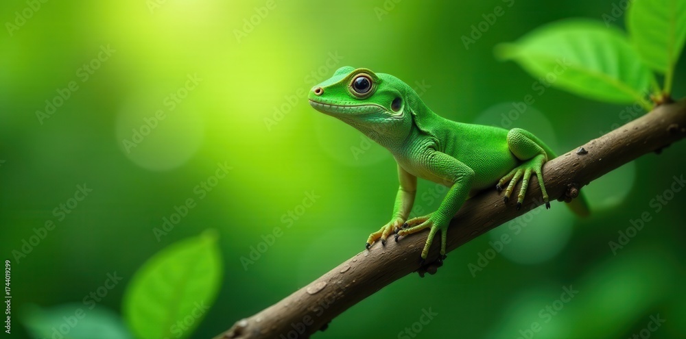 Fototapeta premium Emerald lizard clings to branch, lush green bokeh, vibrant, stock, colorful