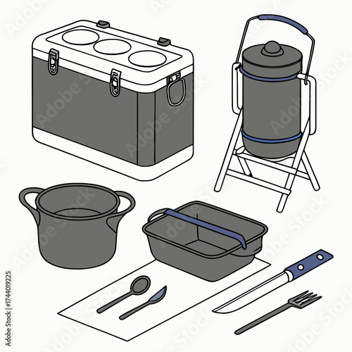 Collection of camping and outdoor cooking equipment including a cooler food carrier pot and utensils