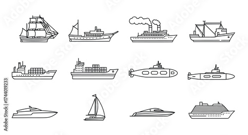 Collection of diverse ships and marine vessels artistic line drawings on vector