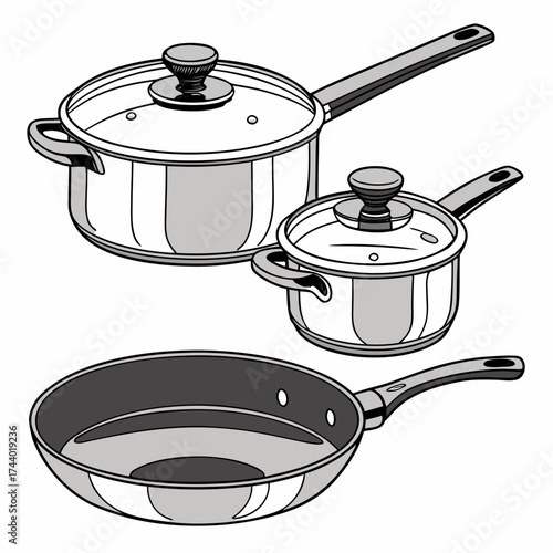 Collection of modern stainless steel cooking pots and frying pan with glass lids on a white background