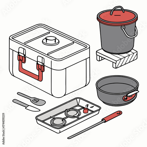 Collection of camping cookware including a cooler box portable stove cooking pot and utensils