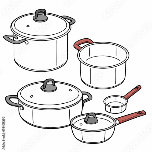 Collection of various cooking pots and pans with lids and handles isolated on a white background