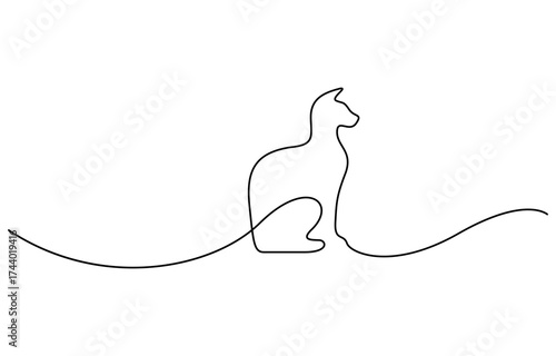 Cat continuous one line drawing. Kitty sitting in simple linear style isolated on transparent background. Editable outline