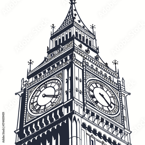Iconic big ben clock tower in london england depicted in a dramatic black and white line art illustration