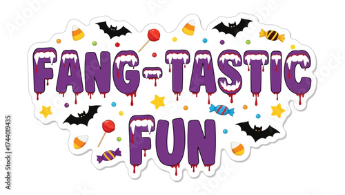 Fang-tastic Fun: A whimsical graphic illustration showcasing a delightful Halloween theme, complete with bats, candy corn, and playful lettering, perfect for spreading spooky cheer!