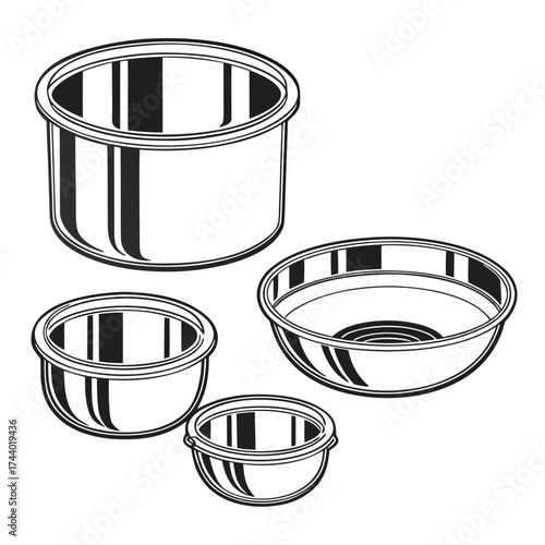 Illustration of three metal mixing bowls and one stainless steel pot in a clean line art style