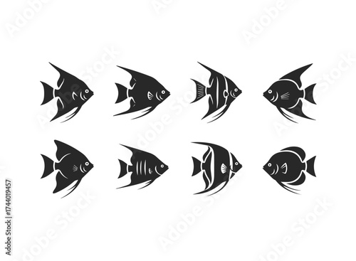 Set of Black Angelfish Silhouettes.