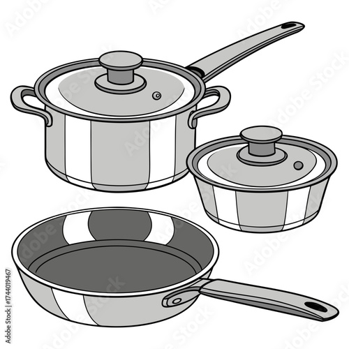 Set of three essential cooking pots and a frying pan with lids isolated on a white background