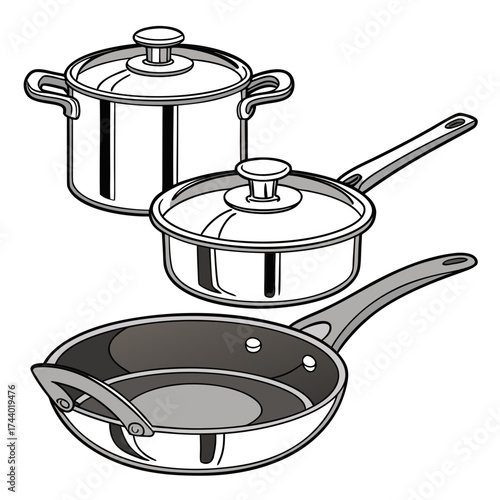 Set of three modern stainless steel pots and pans with lids and handles isolated on white background