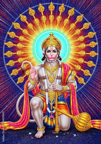 Lord Hanuman kneeling with divine aura and mace vibrant Hindu deity illustration.