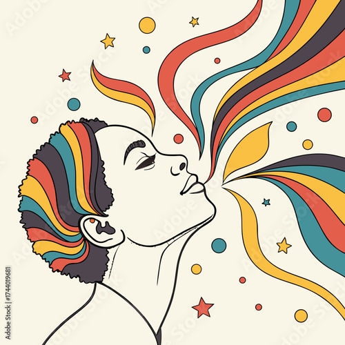 Stylized illustration of a woman with colorful wavy hair and abstract shapes emanating from her mouth