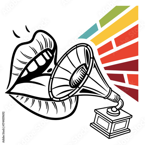 Stylized open lips speaking into an antique gramophone horn with colorful sound waves emanating outwards