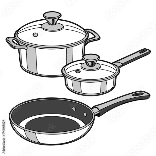 A collection of cooking pots and pans with glass lids and handles on a white background