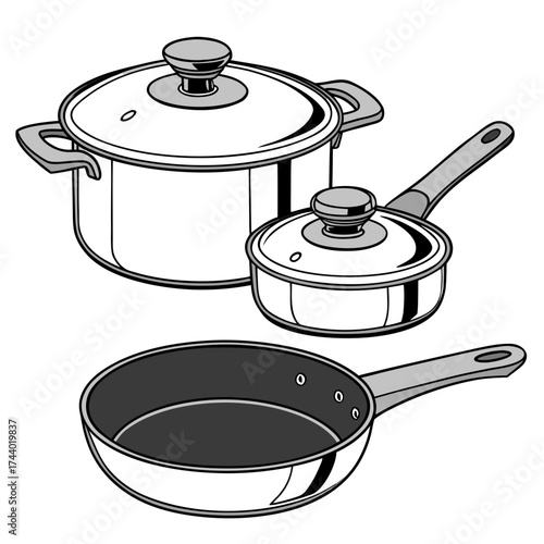 A collection of modern stainless steel cooking pots and pans with lids and handles isolated on white background