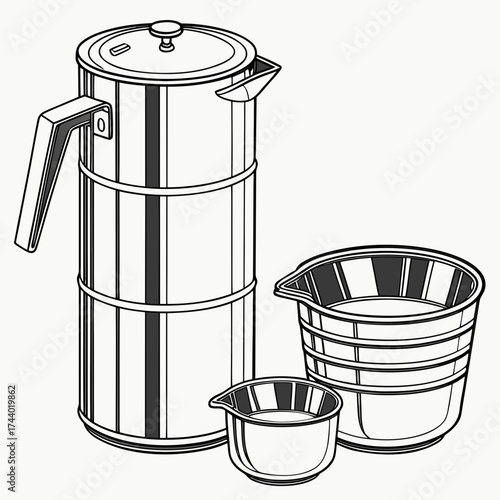 A line art illustration of a vintage stainless steel percolator coffee pot with two measuring cups
